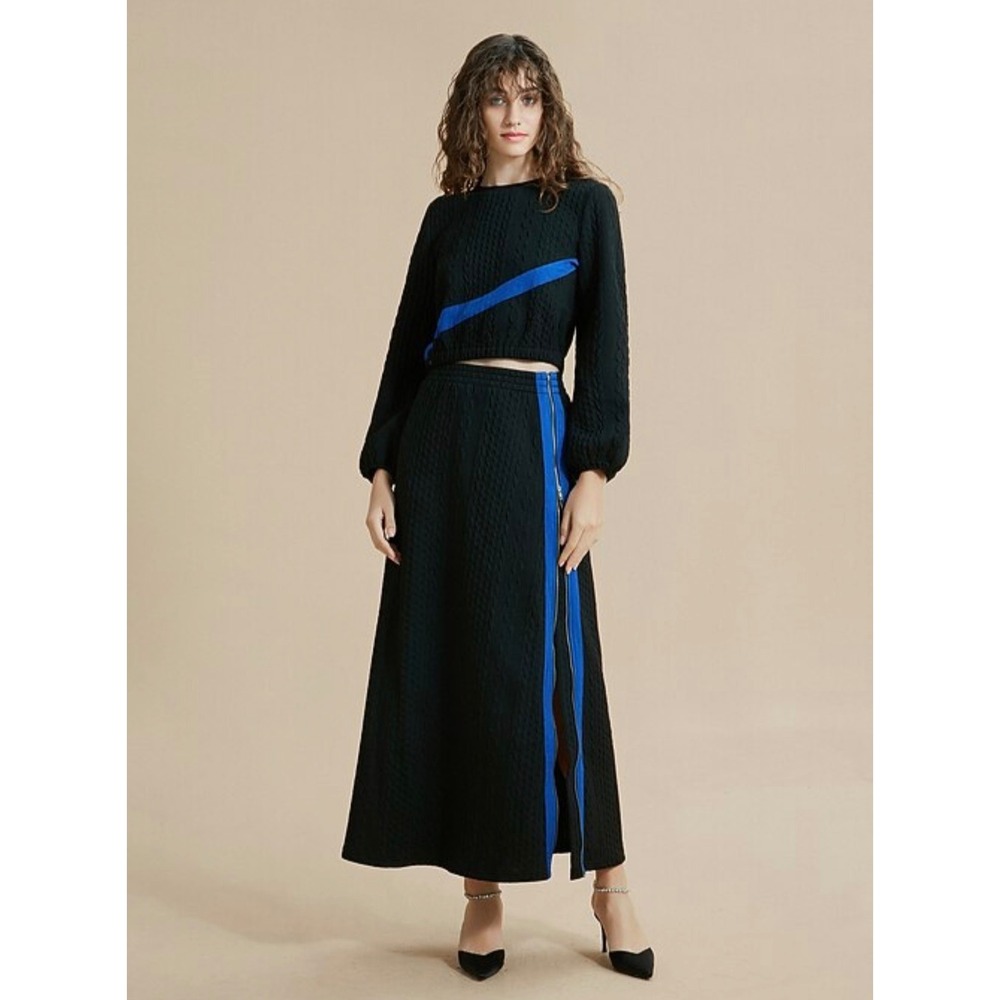 Ador Black Cable Knit 2 Piece Maxi Skirt Set Blue Stripe Side Zip Size Small NWT